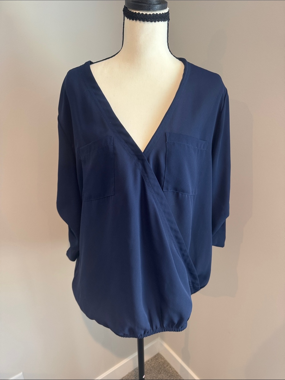 New York & Company Navy Surplice V-Neck Blouse